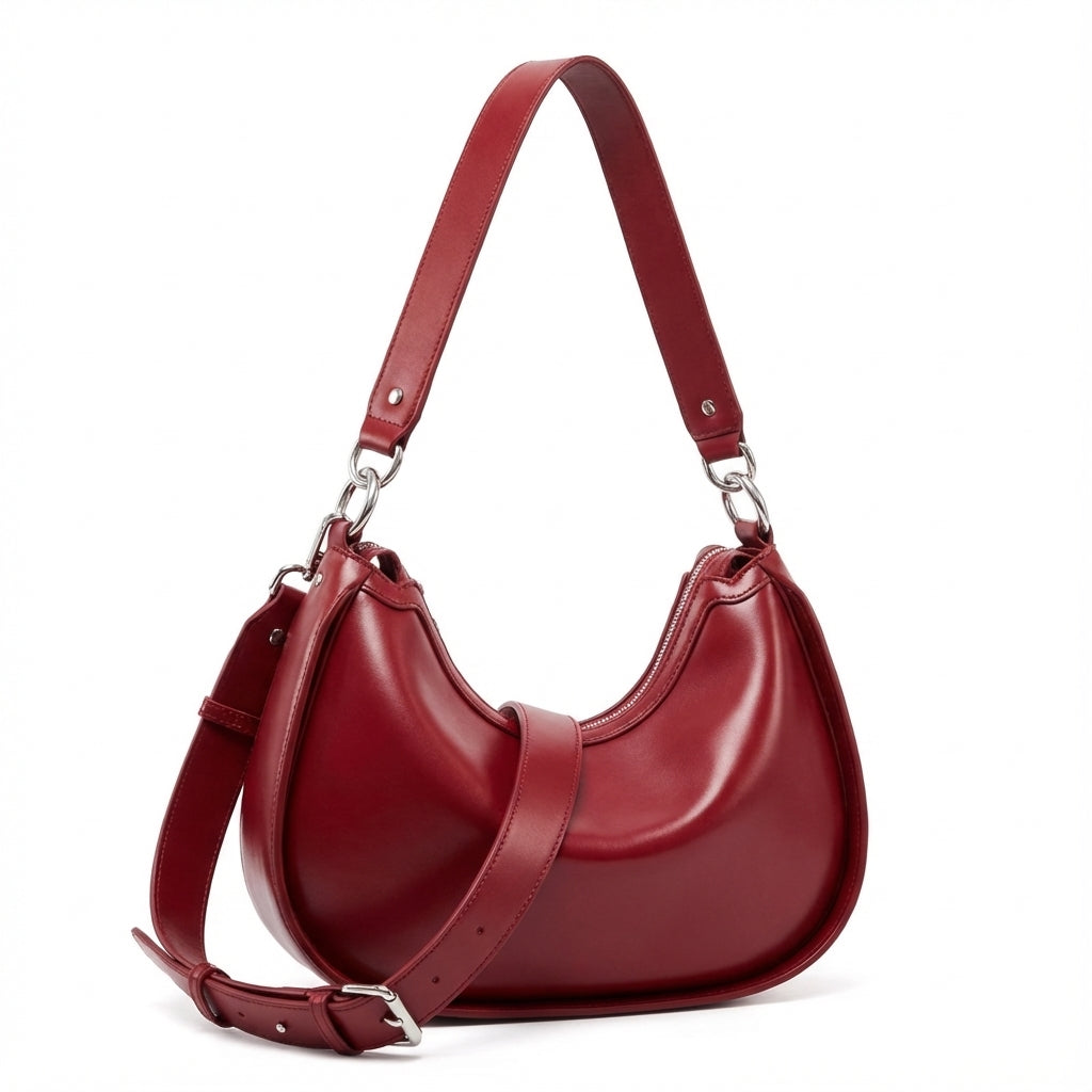 WINE RED DUMPLING SHAPE UNDERARM BAG AND CROSSBODY -TWO LAYER COWHIDE,GENUINE LEATHER.