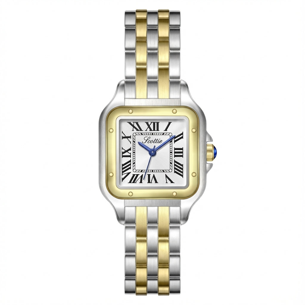 Steel & Golden Strip White Shell Small Square Water Resistance Women's Watches