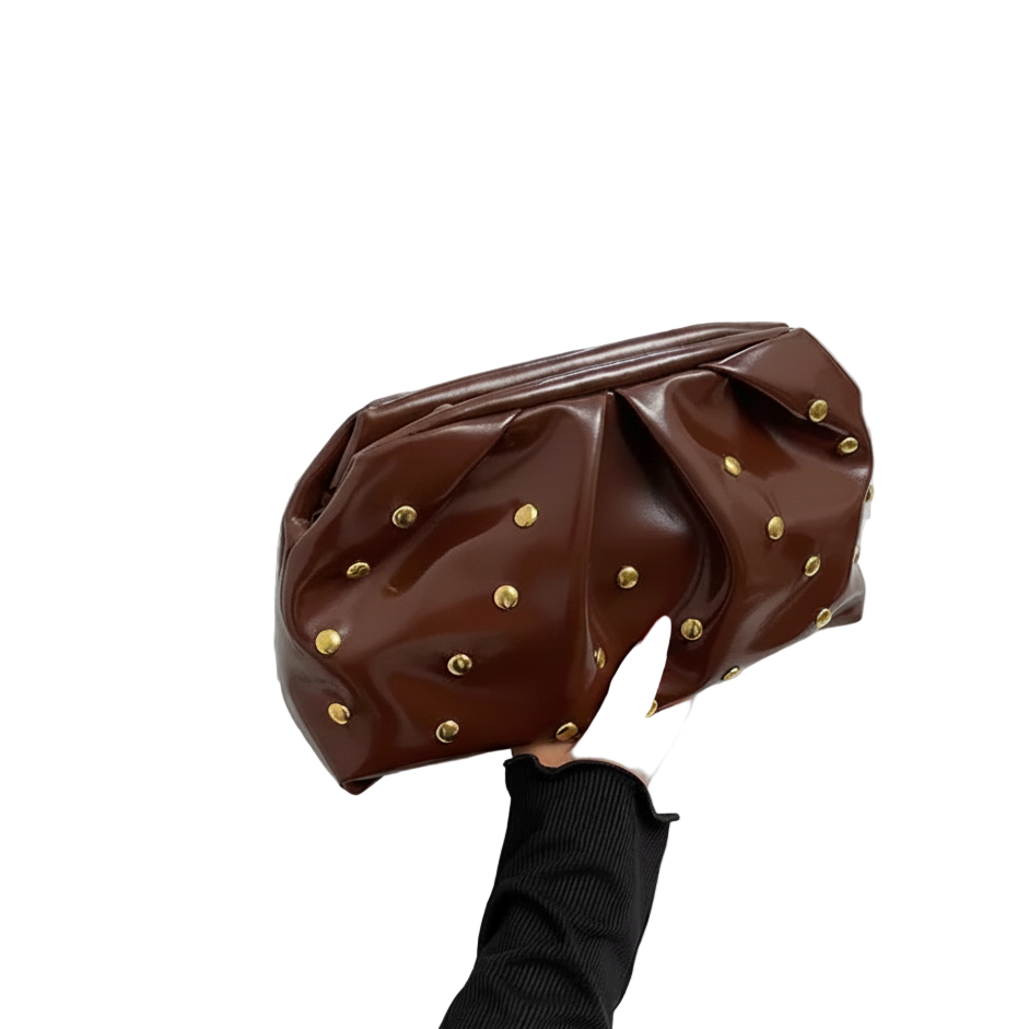 COFFE PU LEATHER TRENDY WOMEN'S CROSSBODY BAG RIVET DUMPLING SHAPE SHOULDER BAG SQUATE PU LEATHER HANGBAG FASHION UNDERARM BAG WITH PRINT 