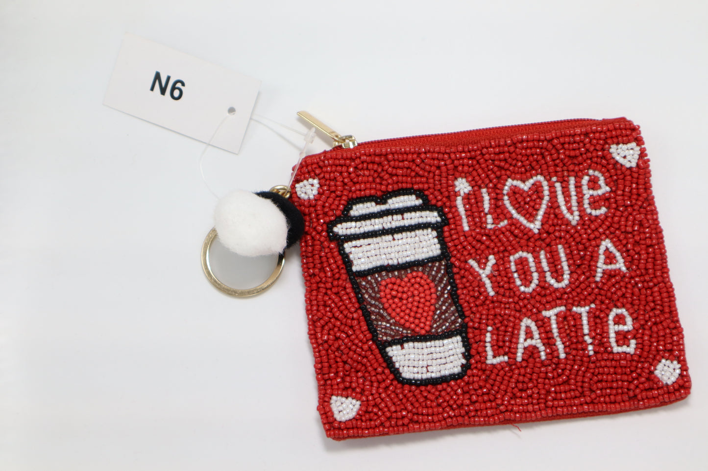 I LOVE YOU LATTE KEYCHAIN BEADED COIN PURSE