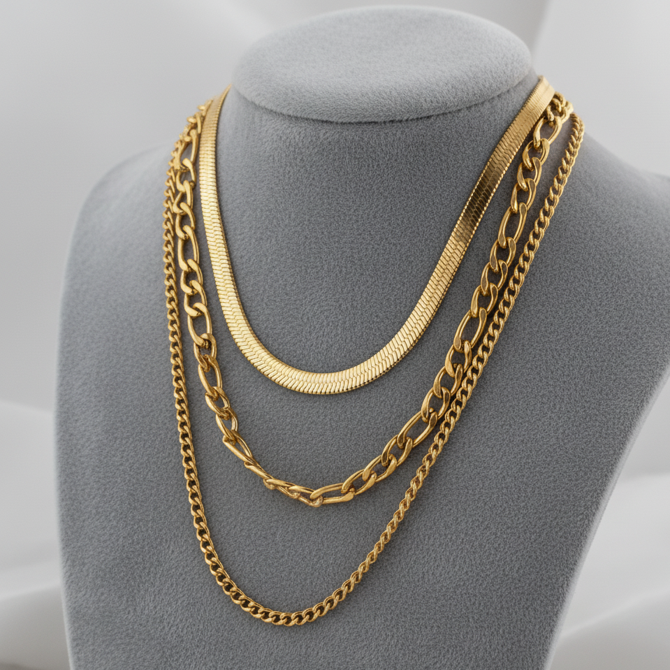 COATED 18K GOLD PLATED GEOMETRIC STAINLESS STEEL SIMPLE STYLE WATERPROOF NON TARNISH 304 STAINLESS STEEL LAYERED NECKLACES J-62853N