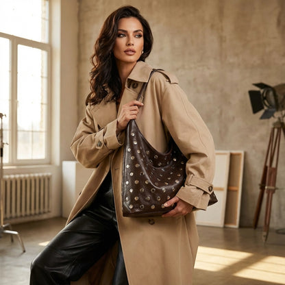 COFFEE SOLF LEATHER METAL TOTE BAG MINIMALIST HANDBANG PU MATERIAL