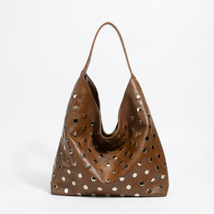BROWN ELEGANT SOFT LEATHER METAL RIVET TOTE BAG MINIMALIST HANDBANG PU MATERIAL