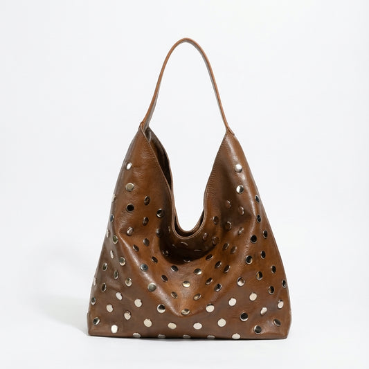 BROWN ELEGANT SOFT LEATHER METAL RIVET TOTE BAG MINIMALIST HANDBANG PU MATERIAL
