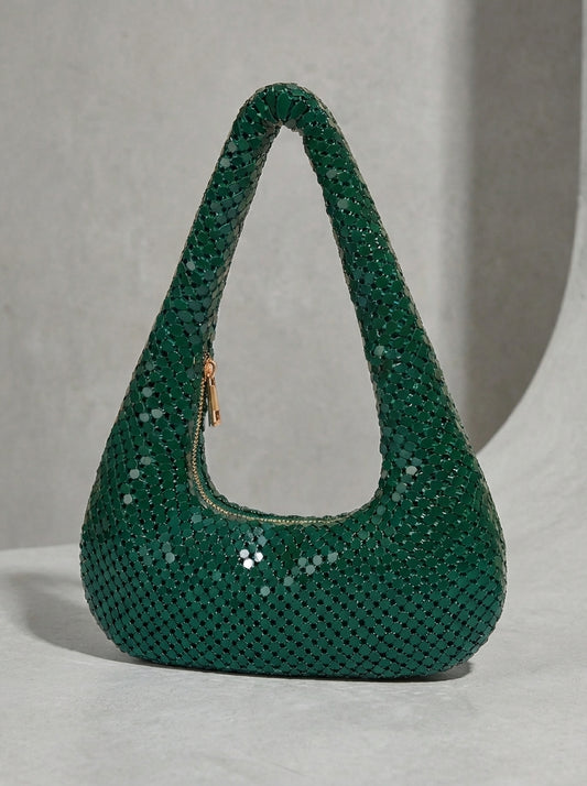 GREEN POLYESTER SEQUINS VINTAGE STYLE DUMPLING SHAPE ZIPER SHOULDER BAG UNDERARM BAG&nbsp;