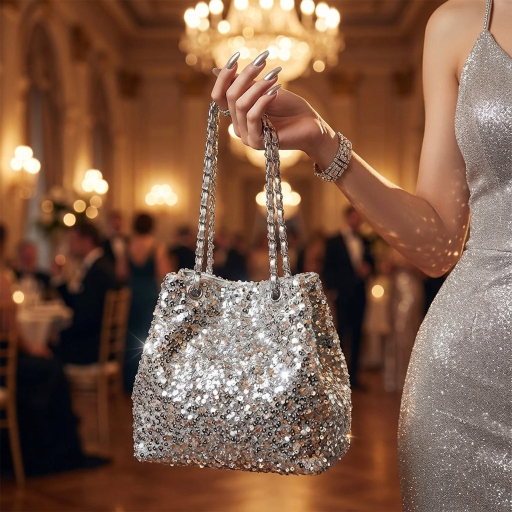 SILVER SPECIAL MATERIAL SEQUINS VINTAGE STYLE BUCKET STRING BUCKET BAG