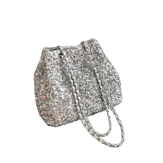 SILVER SPECIAL MATERIAL SEQUINS VINTAGE STYLE BUCKET STRING BUCKET BAG