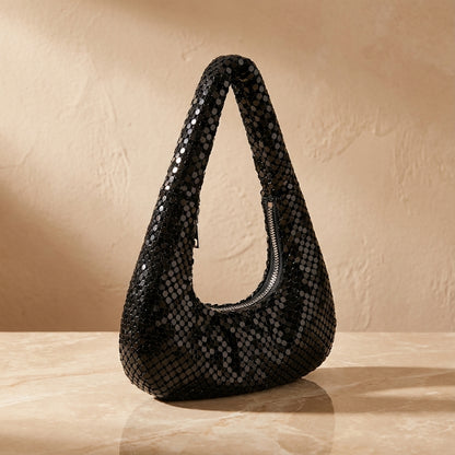 BLACK POYESTER SEQUINS VINTAGE STYLE DUMPLING SHAPE ZIPPER SHOULDER BAG UNDERARM BAG