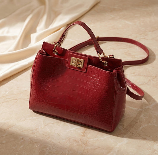 RED STONE PATTERN MEDIUM PU LEATHER SOLID COLOR VINTAGE STYLE SEWING THREAD SQUARE LOCK CLASP CROSSBODY BAG