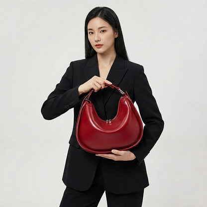 WINE RED DUMPLING SHAPE UNDERARM BAG AND CROSSBODY -TWO LAYER COWHIDE,GENUINE LEATHER.