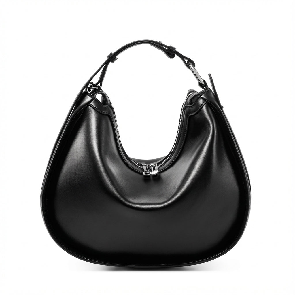 BLACK DUMPLING SHAPE UNDERARM BAG AND CROSSBODY , TWO -LAYER COWHIDE,GENUINE LEATHER