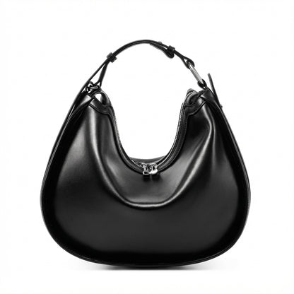 BLACK DUMPLING SHAPE UNDERARM BAG AND CROSSBODY , TWO -LAYER COWHIDE,GENUINE LEATHER