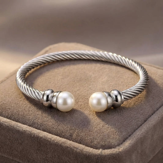 Aurelie Steel color Bangle with Pearl