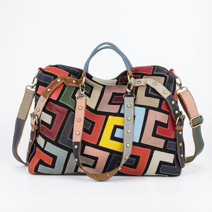 Multicolor Leather Geometric Pattern Shoulder & Crossbody Bag