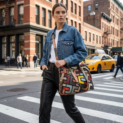 Multicolor Leather Geometric Pattern Shoulder & Crossbody Bag