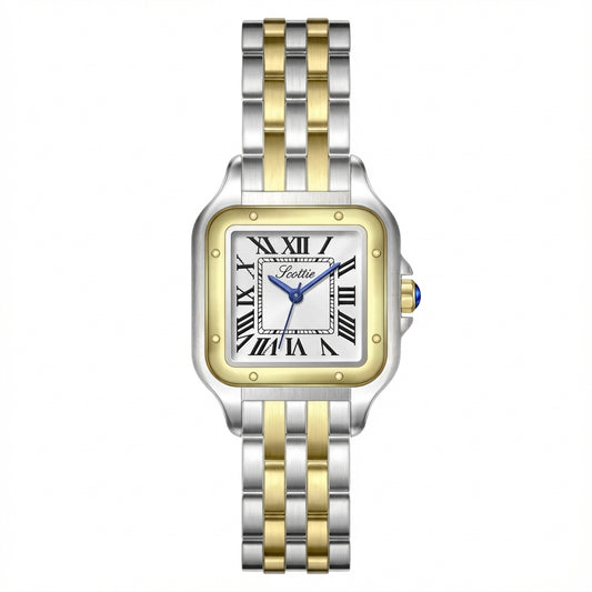 Steel & Golden Strip White Shell Small Square Water Resistance Women's Watches
