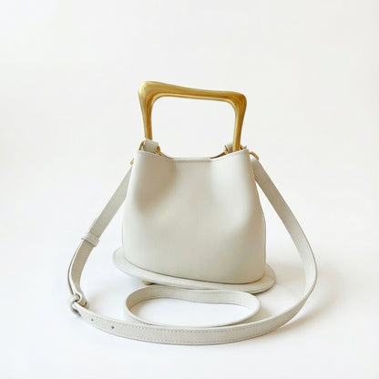 Beige Genuine Leather Bucket Bag With Wooden Handle Bag