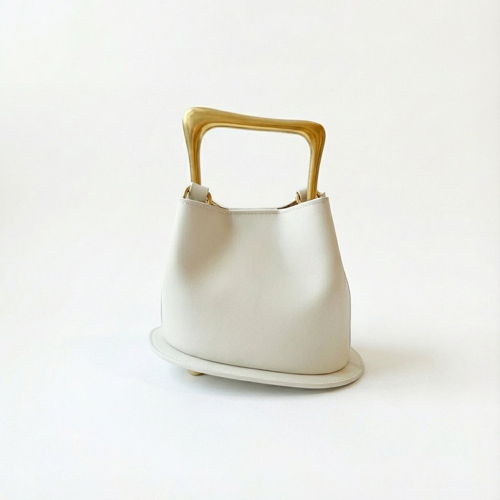 Beige Genuine Leather Bucket Bag With Wooden Handle Bag