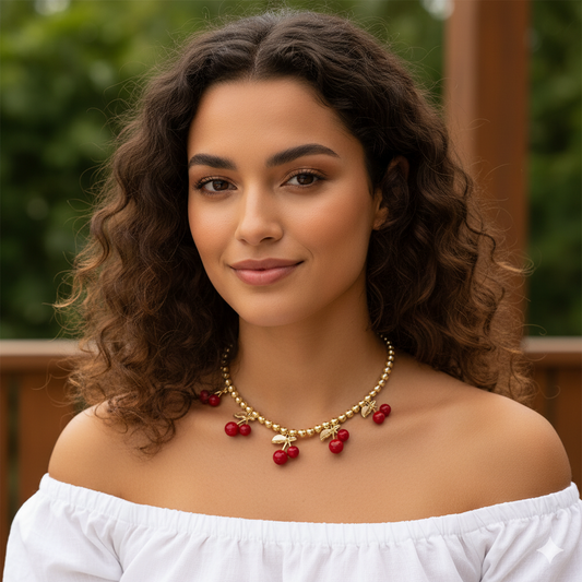 CHERRY RESIN COPPER 18K GOLD PLATED MULTI CHARMS NECKLACES J-12228N