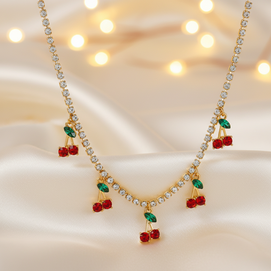 FASHION PEACH CHERRY RHINESTONES ALLOY PENDANT NECKLACES J-11081N