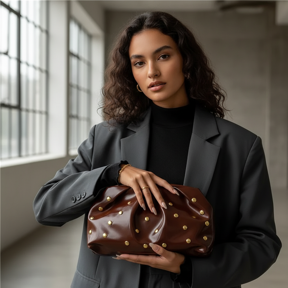 COFFE PU LEATHER  TRENDY WOMEN'S CROSSBODY BAG RIVET DUMPLING SHAPE SHOULDER BAG SQUATE PU LEATHER HANGBAG FASHION UNDERARM BAG WITH PRINT&nbsp;