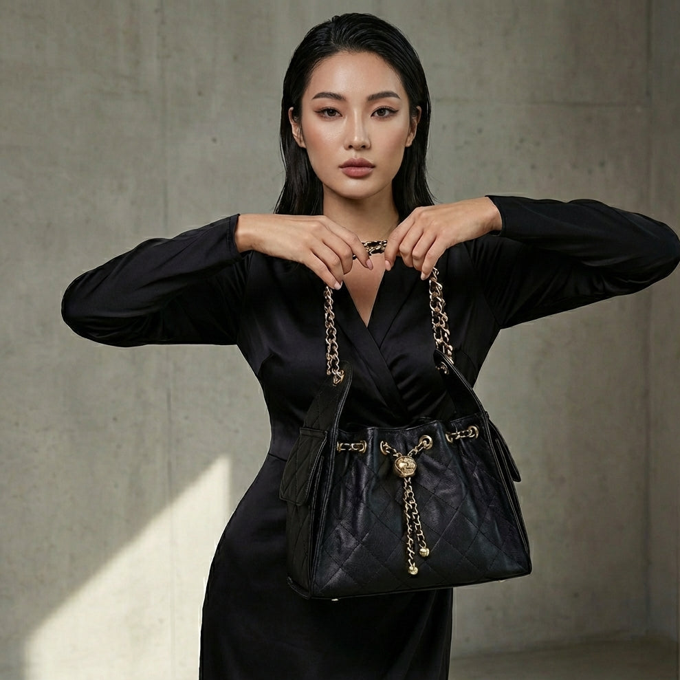 BLACK LARGE PU LEATHER BUCKET BAG WITH CHAIN FOR WOMEN