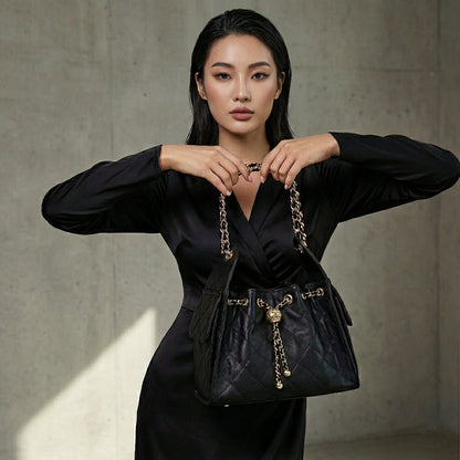 BLACK LARGE PU LEATHER BUCKET BAG WITH CHAIN FOR WOMEN