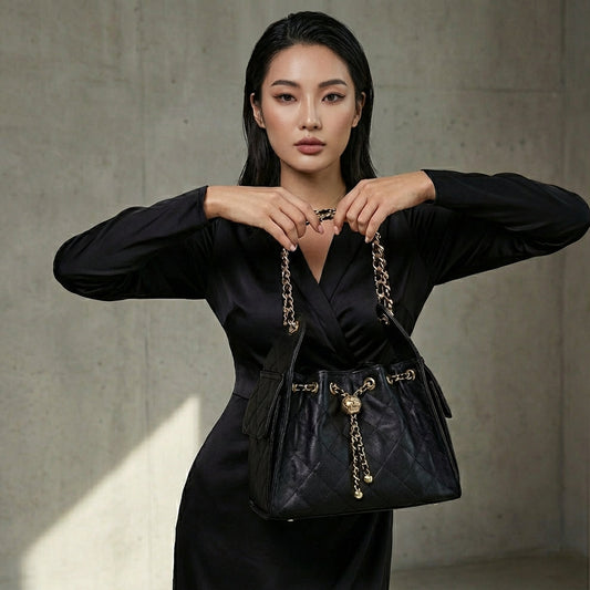 BLACK LARGE PU LEATHER BUCKET BAG WITH CHAIN FOR WOMEN