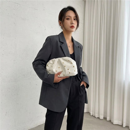 WHITE PU LEATHER TRENDY WOMEN'S CROSSBODY BAG RIVET DUMPLING SHAPE SHOULDER BAG&nbsp;