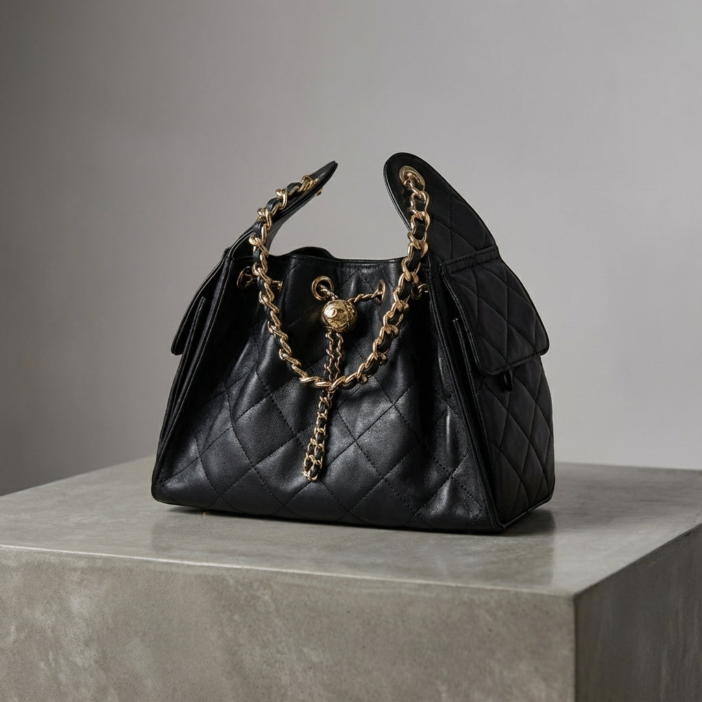 BLACK LARGE PU LEATHER BUCKET BAG WITH CHAIN FOR WOMEN