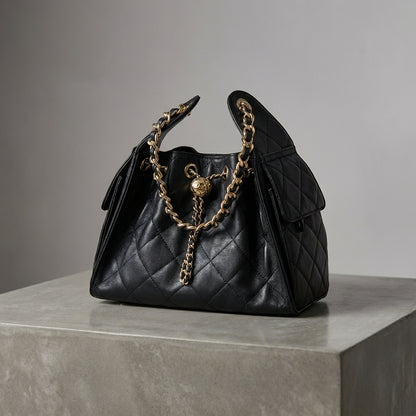 BLACK LARGE PU LEATHER BUCKET BAG WITH CHAIN FOR WOMEN