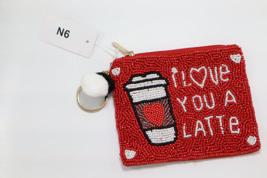 I LOVE YOU LATTE KEYCHAIN BEADED COIN PURSE