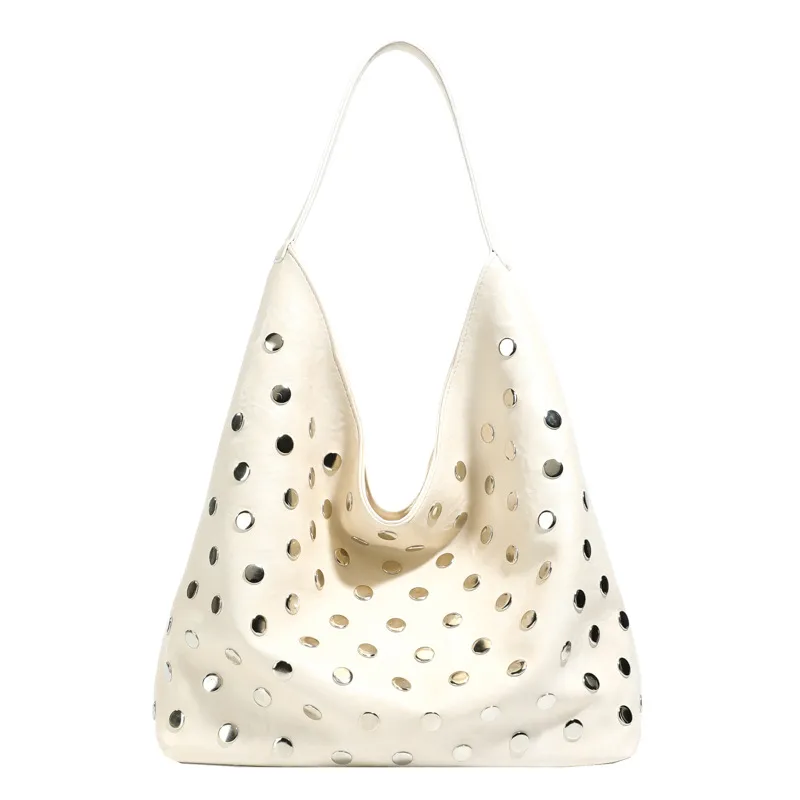 BEIGE ELEGANT SOFT LEATHER METAL RIVET TOTE BAG LUXURY MINIMALIST HANDBAG PU MATERIAL