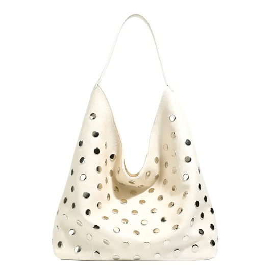 BEIGE ELEGANT SOFT LEATHER METAL RIVET TOTE BAG LUXURY MINIMALIST HANDBAG PU MATERIAL